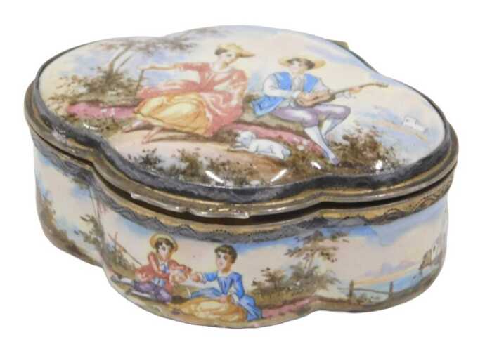 A 19thC Viennese enamel patch box, of shaped form, decorated with figures of courting couple in...