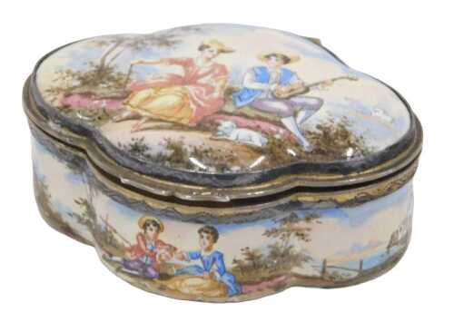 A 19thC Viennese enamel patch box, of shaped form, decorated with figures of courting couple in...