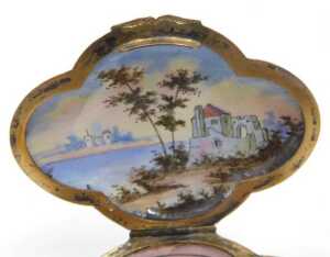 A 19thC Viennese enamel patch box, of shaped form, decorated with figures of courting couple in... - 3