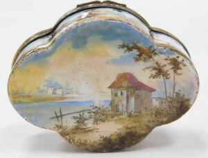 A 19thC Viennese enamel patch box, of shaped form, decorated with figures of courting couple in... - 7