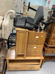 V - A two drawer oak filing cabinet, office chair, lightwood television stand, and a side cabinet....