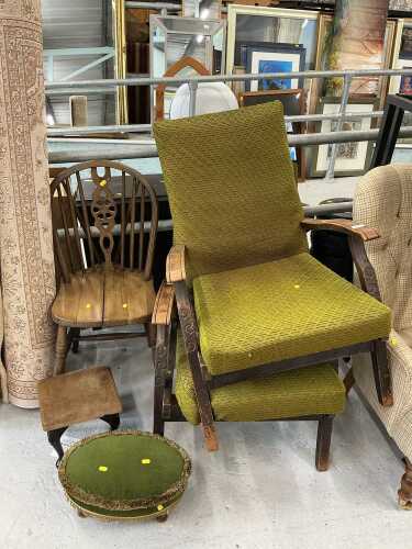 Various chairs, hoop back chair, a pair of stained pine lounge chairs with green upholstery,...
