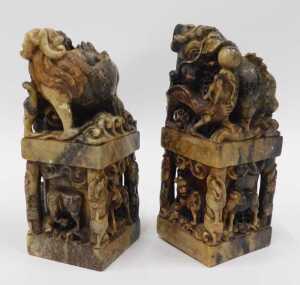 Two Chinese soapstone desk seal stamps, of rectangular form, profusely carved with dragons, orbs,... - 2