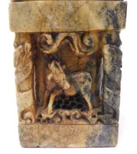 Two Chinese soapstone desk seal stamps, of rectangular form, profusely carved with dragons, orbs,... - 3