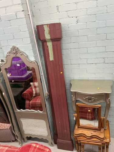 A three fold dressing mirror, in silver trim, various other furniture, nest of pine tables, pine...