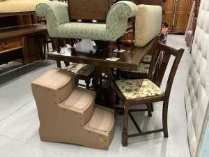Various furniture, to include a rectangular oak table, associated chairs, newspaper rack, scroll...
