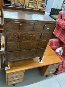 A twin pedestal office desk, and an oak Epstein style chest, of two short and three long drawers.