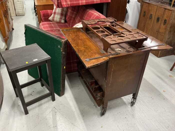 Sundry furniture, an ebonised oak side table, baize topped table, etc.