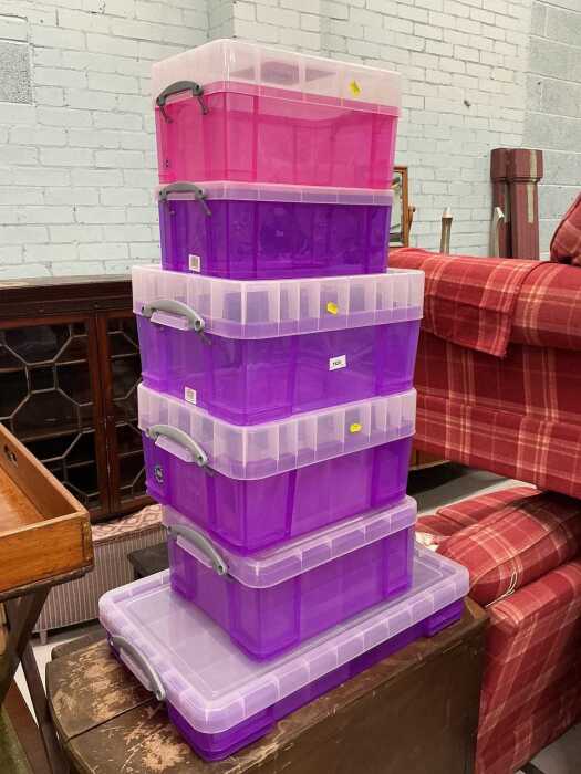 Various plastic stacking boxes. (6)