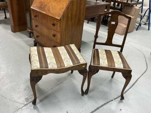 A 20thC walnut framed dining chair, with shaped hourglass style splat, together with a similar...