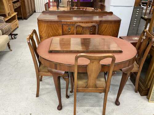 A walnut finished dining room suite, comprising D end extending table of small proportion, and...