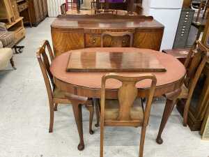 A walnut finished dining room suite, comprising D end extending table of small proportion, and...