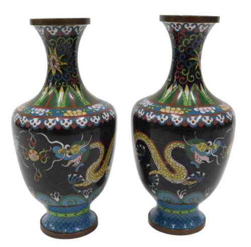 A pair of 20thC Chinese cloisonne vases, each with inverted stems on shouldered bodies,...