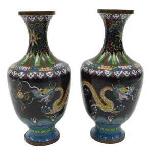 A pair of 20thC Chinese cloisonne vases, each with inverted stems on shouldered bodies,...