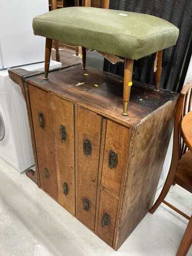 A retro teak stool, overstuffed in green leather, and an early 20thC oak chest of two short and...
