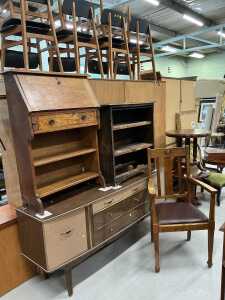Sundry furniture, an oak carver chair with drop in seat, oak student's bureau, Melamine style...
