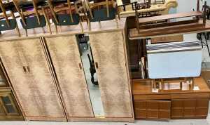 A pair of Melamine two door wardrobes, various tables, etc. (a quantity)