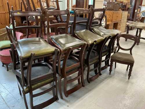 Various dining chairs, a set of mahogany finish Regency style with green drop in seats, three...