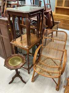 Various furniture, a piecrust oak side table, nest of tables, and a wicker chair. (a quantity)