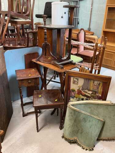 Sundry furniture and effects, oak smoker's stand, oak plant stand, folding table, embroidered...