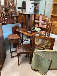 Sundry furniture and effects, oak smoker's stand, oak plant stand, folding table, embroidered...