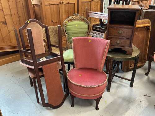 An oak Titchmarsh and Goodwin style side cabinet, various dining chairs, brass top table, wicker...