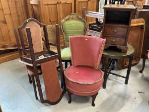 An oak Titchmarsh and Goodwin style side cabinet, various dining chairs, brass top table, wicker...