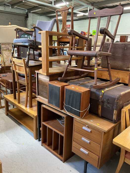 Various furniture, child's desk with section for ink bottle, with associated chair, low oak...