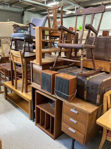Various furniture, child's desk with section for ink bottle, with associated chair, low oak...