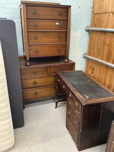 Various oak furniture, an early 20thC oak desk, chest of four long drawers, and a dressing chest.