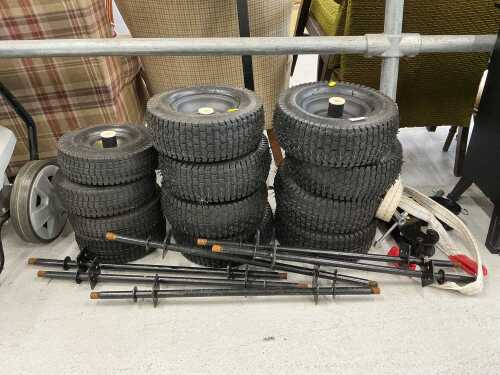 V - Various trolley or ride on mower wheels, with accessories. (a quantity) Note: VAT is payable on...