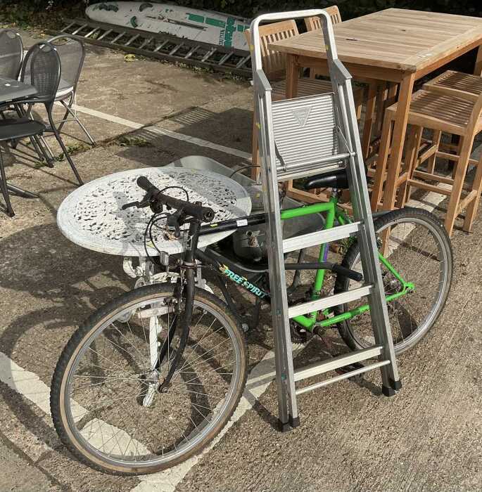 Various furniture and effects, mountain bike, folding step ladder, wheelbarrow, patio table,...