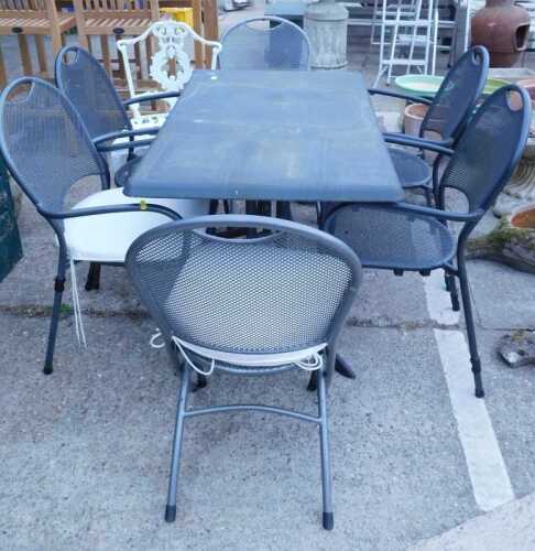 A patio bistro suite, comprising rectangular table, six various chairs, and a further white...