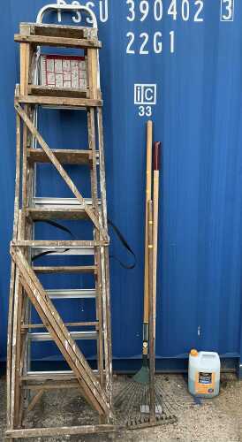 A metal folding step, a wooden example, and a small quantity of hand tools.