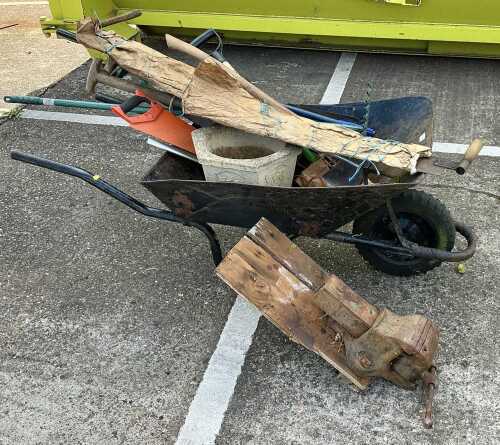 Various tools, vice, hand tools, wheelbarrow, etc. (a quantity)