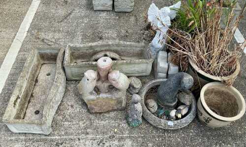 Various garden statues, frog ornaments, owl, angel, two further planters, etc.