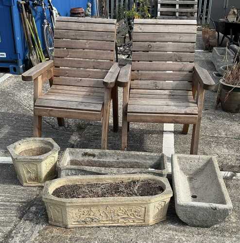Various planters, stoneware, concrete and other garden planters, and two slatted chairs.