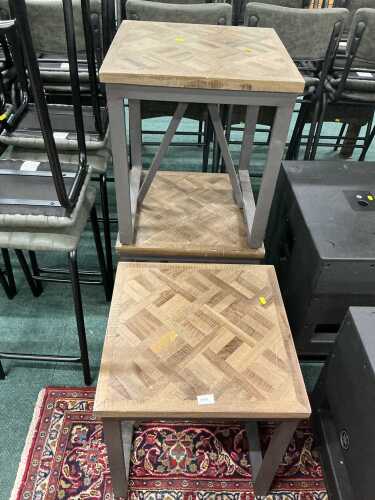 V - Three various pub or outdoor side tables, with wooden lattice work tops, on metal bases. (3)...