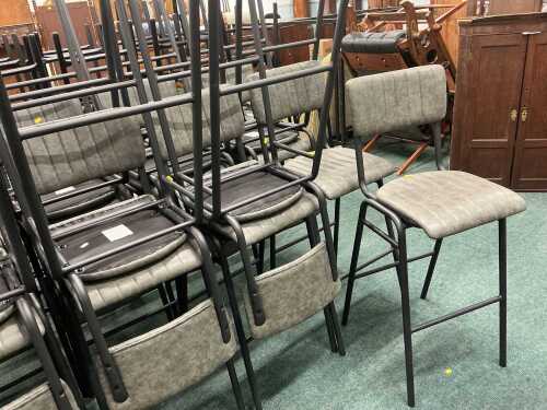 V - A set of twelve pub or catering chairs, with grey textured leatherette backs and seats. With the...