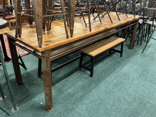 V - A pub 14-16 seater pine plank table, on a steel tubing base, together with three pine and steel...