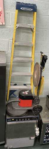 V - A Victor Floor Maintenance Equipment floor buffer, with power cable, a Werner safety step ladder,...