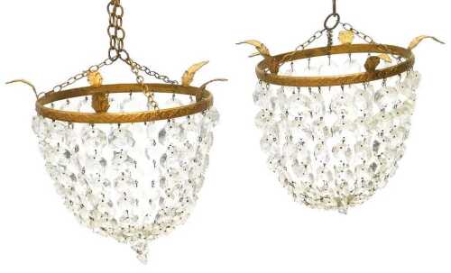 A graduated pair of cut glass and gilt metal hanging shades, each of circular form with acanthus...