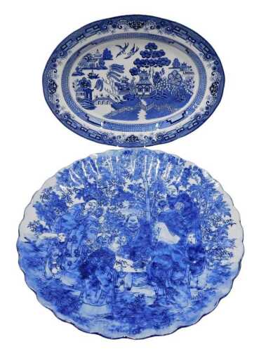 A late Meiji period Japanese blue and white charger, of large proportion, with flared rim,...