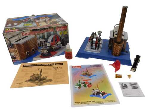 A Wilesco Dampfmaschine D10 tabletop live steam stationery engine, 23cm wide, partially boxed.