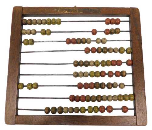A vintage abacus, with coloured beads and metal centre, probably early 20thC, 26cm wide.