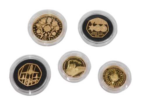 A 2025 United Kingdom Royal Mint 22ct gold proof commemorative five coin set, to include Two...