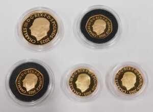 A 2025 United Kingdom Royal Mint 22ct gold proof commemorative five coin set, to include Two... - 2