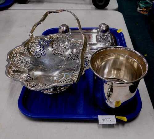 Various silver plated ware, a 20thC basket of floral form, partially pierced, with a swing...