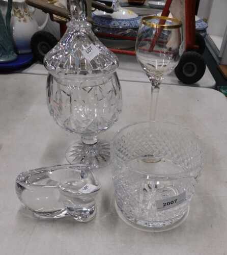 Various glassware, on Orrefors heart-shaped candle stand, in plain glass, marked beneath, 12cm...