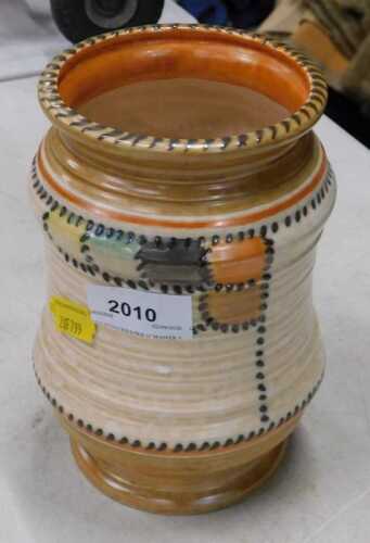 A Crown Ducal Charlotte Rhead style Stitch pattern vase, of inverted circular form, on circular...